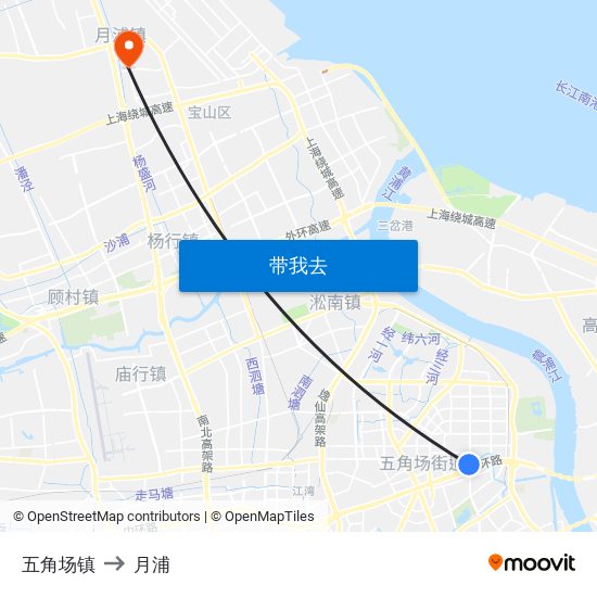 五角场镇 to 月浦 map