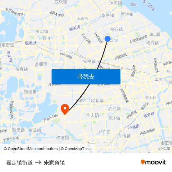 嘉定镇街道 to 朱家角镇 map