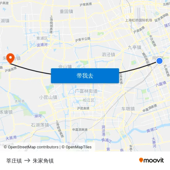 莘庄镇 to 朱家角镇 map