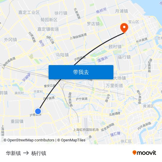 华新镇 to 杨行镇 map