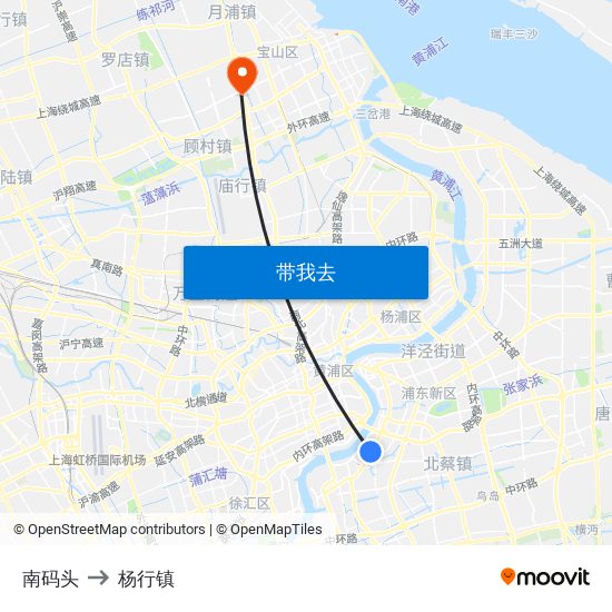 南码头 to 杨行镇 map