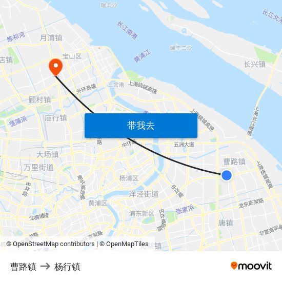 曹路镇 to 杨行镇 map