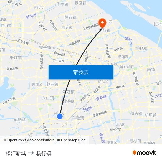 松江新城 to 杨行镇 map