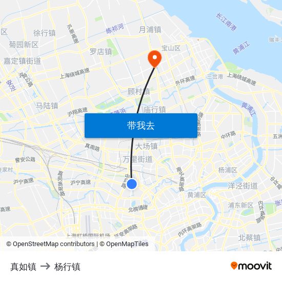 真如镇 to 杨行镇 map