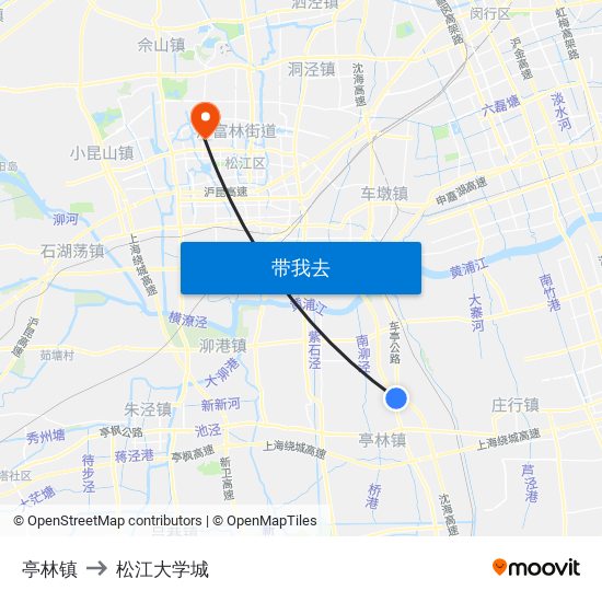 亭林镇 to 松江大学城 map