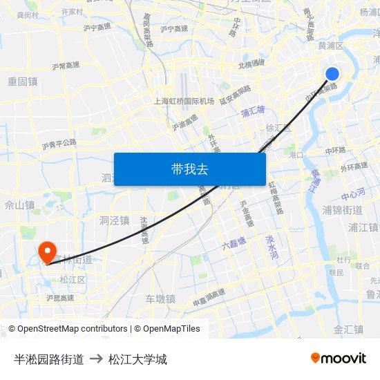 半淞园路街道 to 松江大学城 map