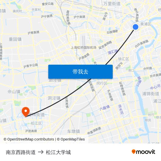 南京西路街道 to 松江大学城 map