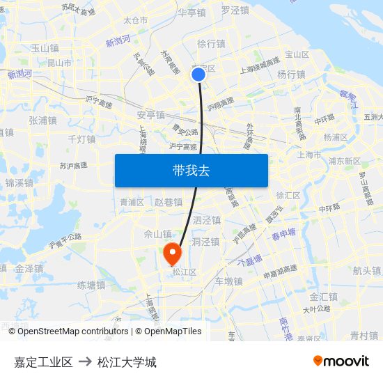 嘉定工业区 to 松江大学城 map