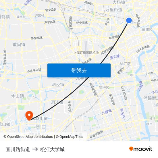 宜川路街道 to 松江大学城 map