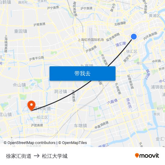 徐家汇街道 to 松江大学城 map