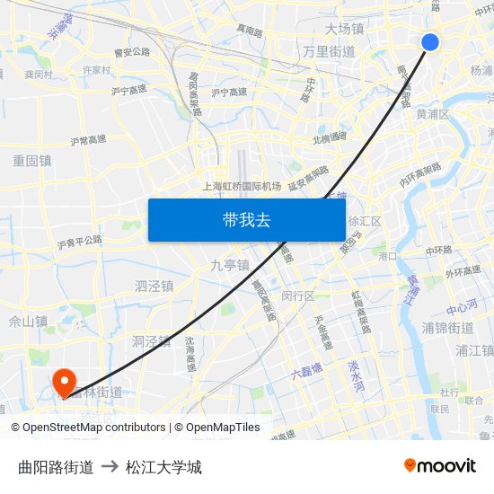 曲阳路街道 to 松江大学城 map