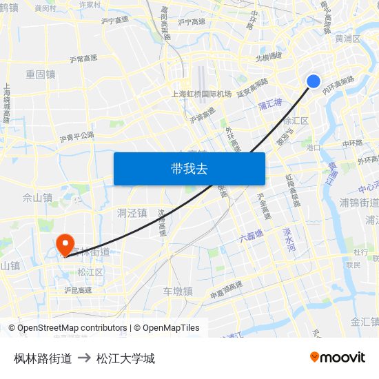 枫林路街道 to 松江大学城 map