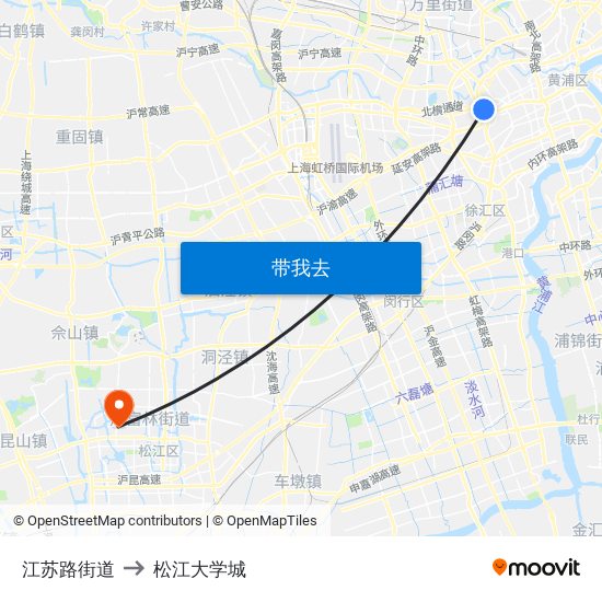 江苏路街道 to 松江大学城 map