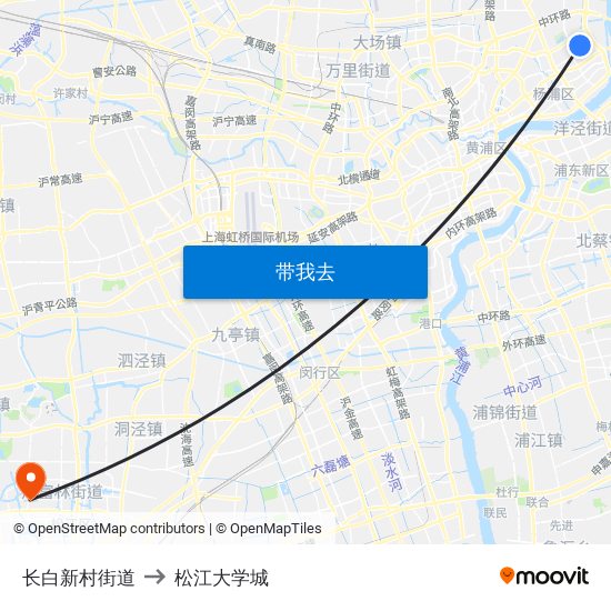 长白新村街道 to 松江大学城 map