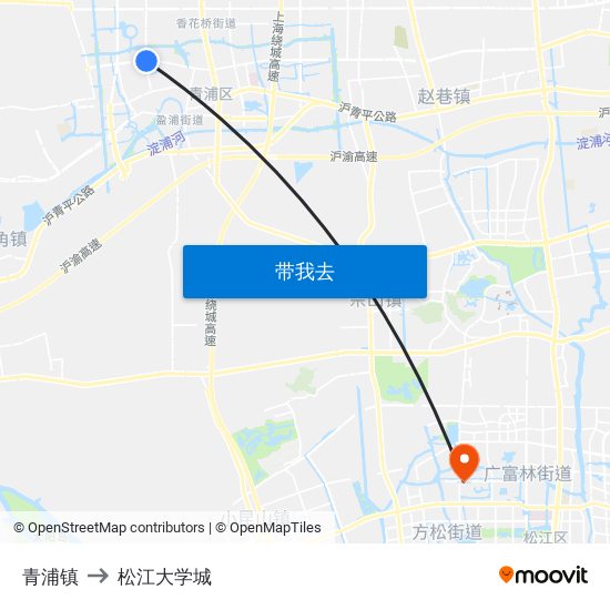 青浦镇 to 松江大学城 map