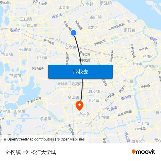 外冈镇 to 松江大学城 map