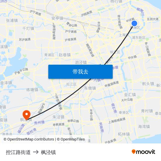 控江路街道 to 枫泾镇 map