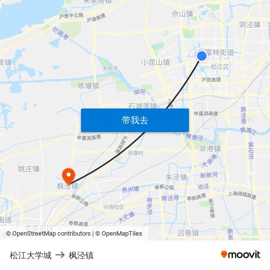 松江大学城 to 枫泾镇 map