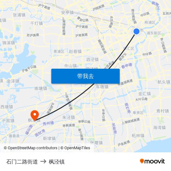石门二路街道 to 枫泾镇 map