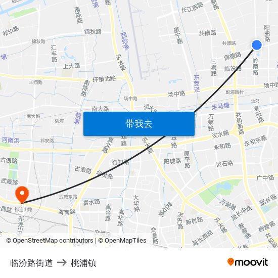 临汾路街道 to 桃浦镇 map