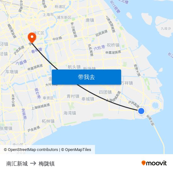 南汇新城 to 梅陇镇 map