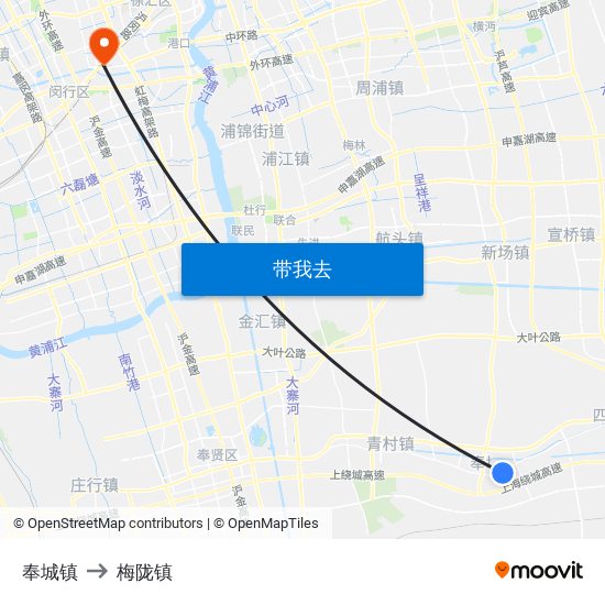 奉城镇 to 梅陇镇 map