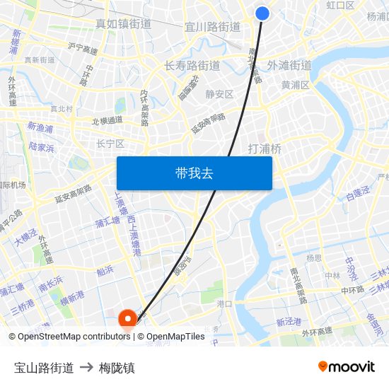 宝山路街道 to 梅陇镇 map