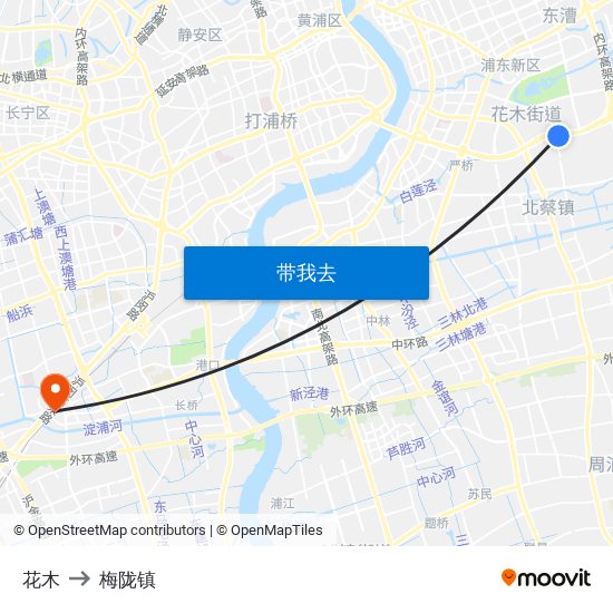 花木 to 梅陇镇 map