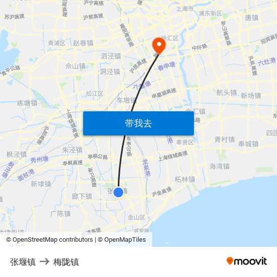 张堰镇 to 梅陇镇 map
