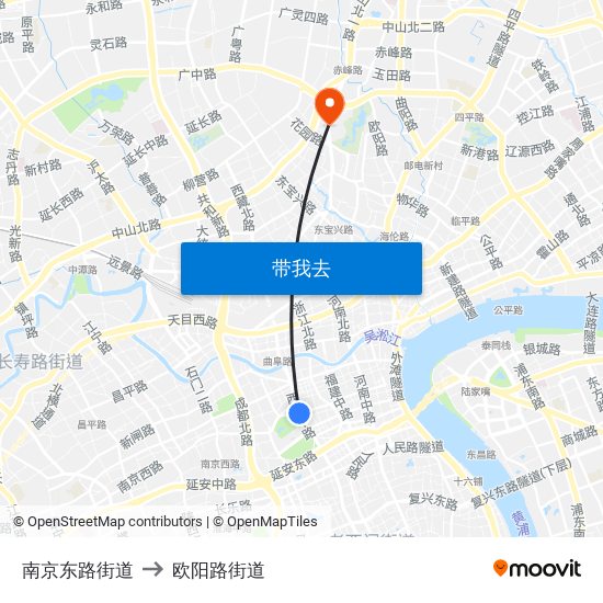 南京东路街道 to 欧阳路街道 map