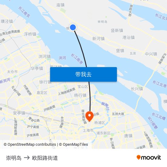 崇明岛 to 欧阳路街道 map