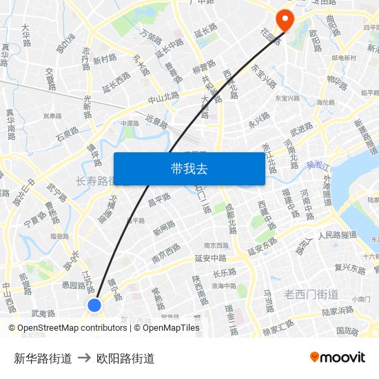 新华路街道 to 欧阳路街道 map