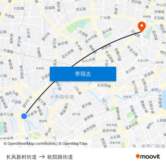 长风新村街道 to 欧阳路街道 map