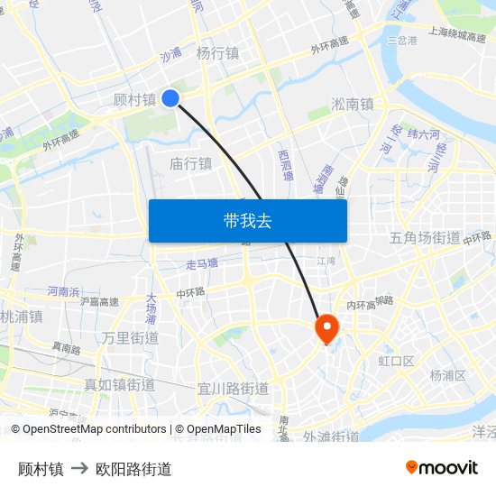 顾村镇 to 欧阳路街道 map