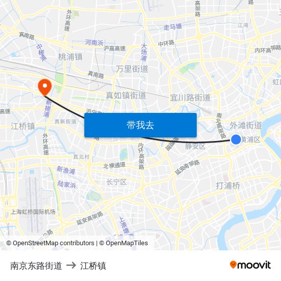 南京东路街道 to 江桥镇 map