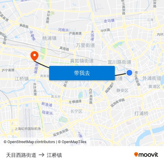 天目西路街道 to 江桥镇 map