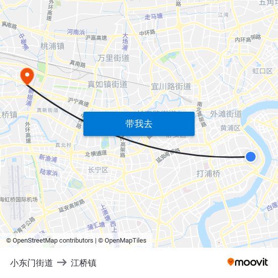 小东门街道 to 江桥镇 map