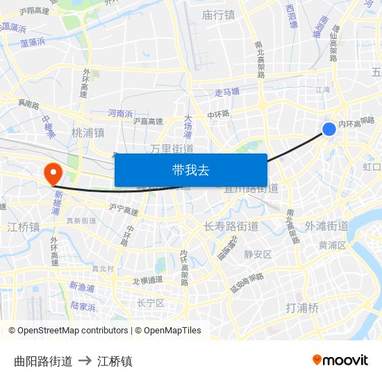 曲阳路街道 to 江桥镇 map