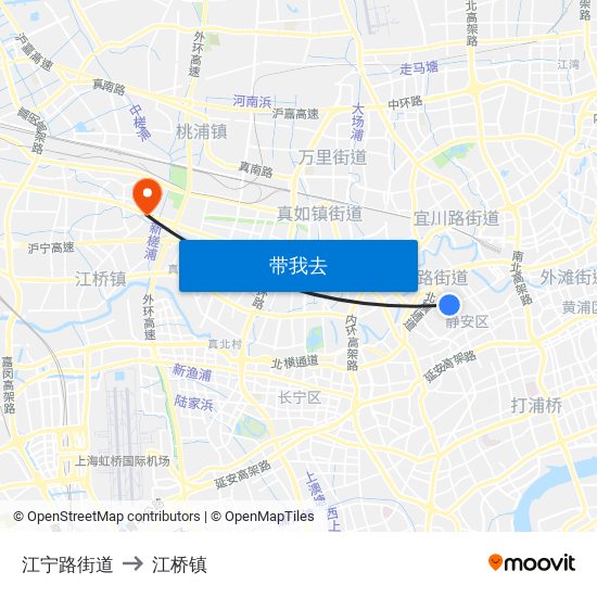 江宁路街道 to 江桥镇 map