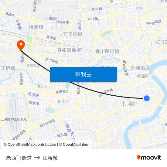 老西门街道 to 江桥镇 map