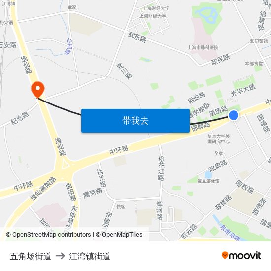 五角场街道 to 江湾镇街道 map