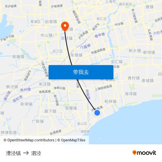 漕泾镇 to 泗泾 map
