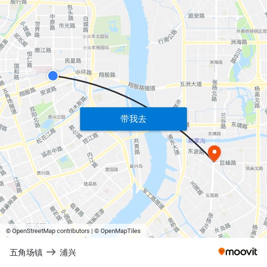 五角场镇 to 浦兴 map