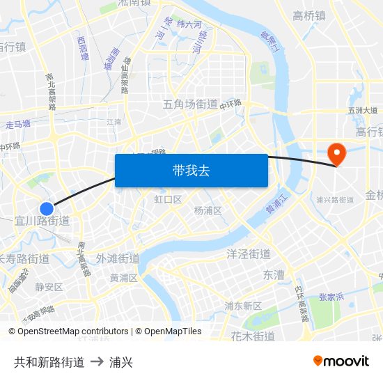 共和新路街道 to 浦兴 map