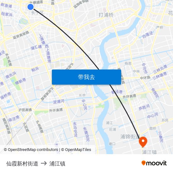 仙霞新村街道 to 浦江镇 map