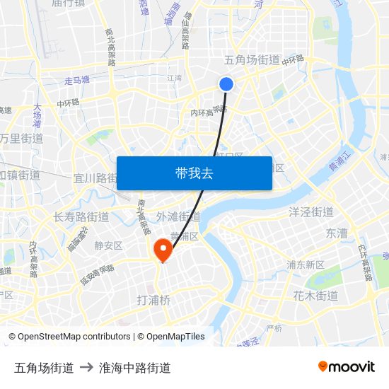 五角场街道 to 淮海中路街道 map