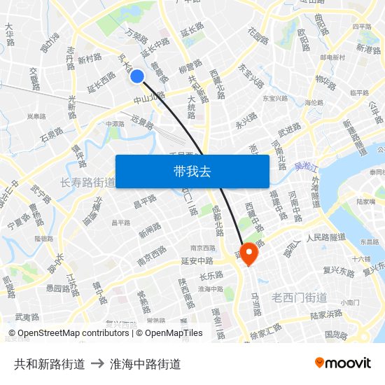 共和新路街道 to 淮海中路街道 map