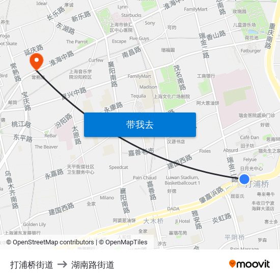 打浦桥街道 to 湖南路街道 map