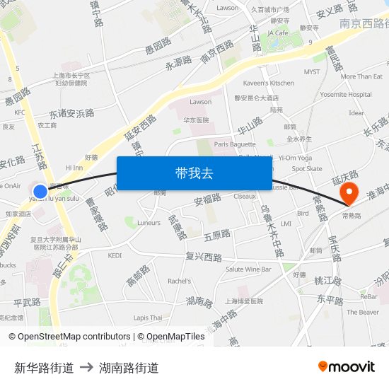 新华路街道 to 湖南路街道 map