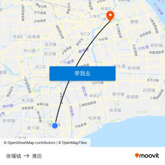 张堰镇 to 潍坊 map